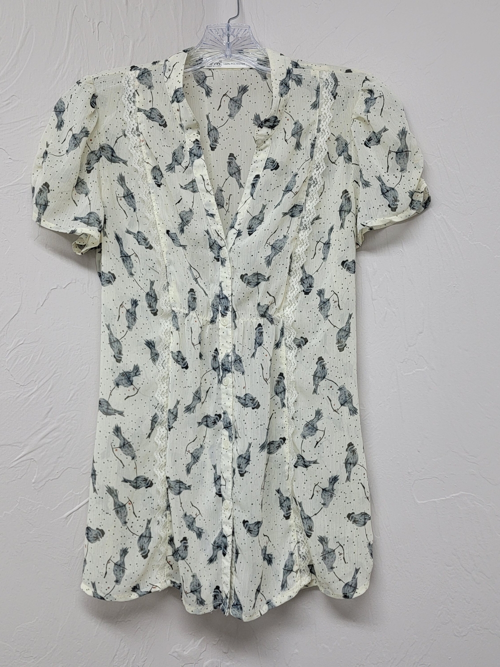 Womens Sheer Lace Cap Sleeve Bird Print Whimsigoth Fairy Grunge Blouse Top SM